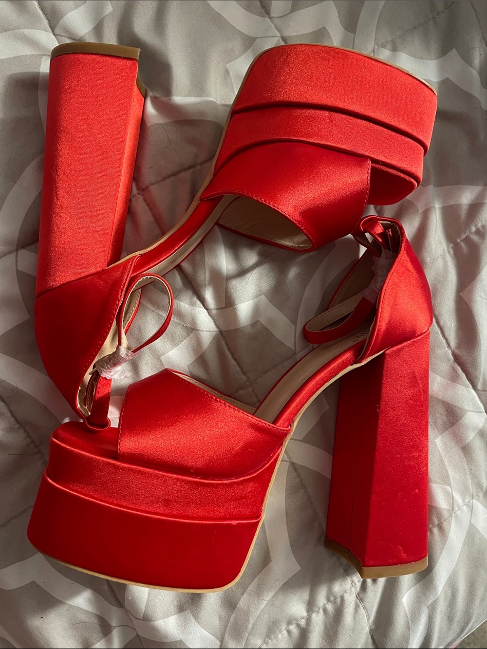 Women's Red Satin Platform Block Heel Sandals
